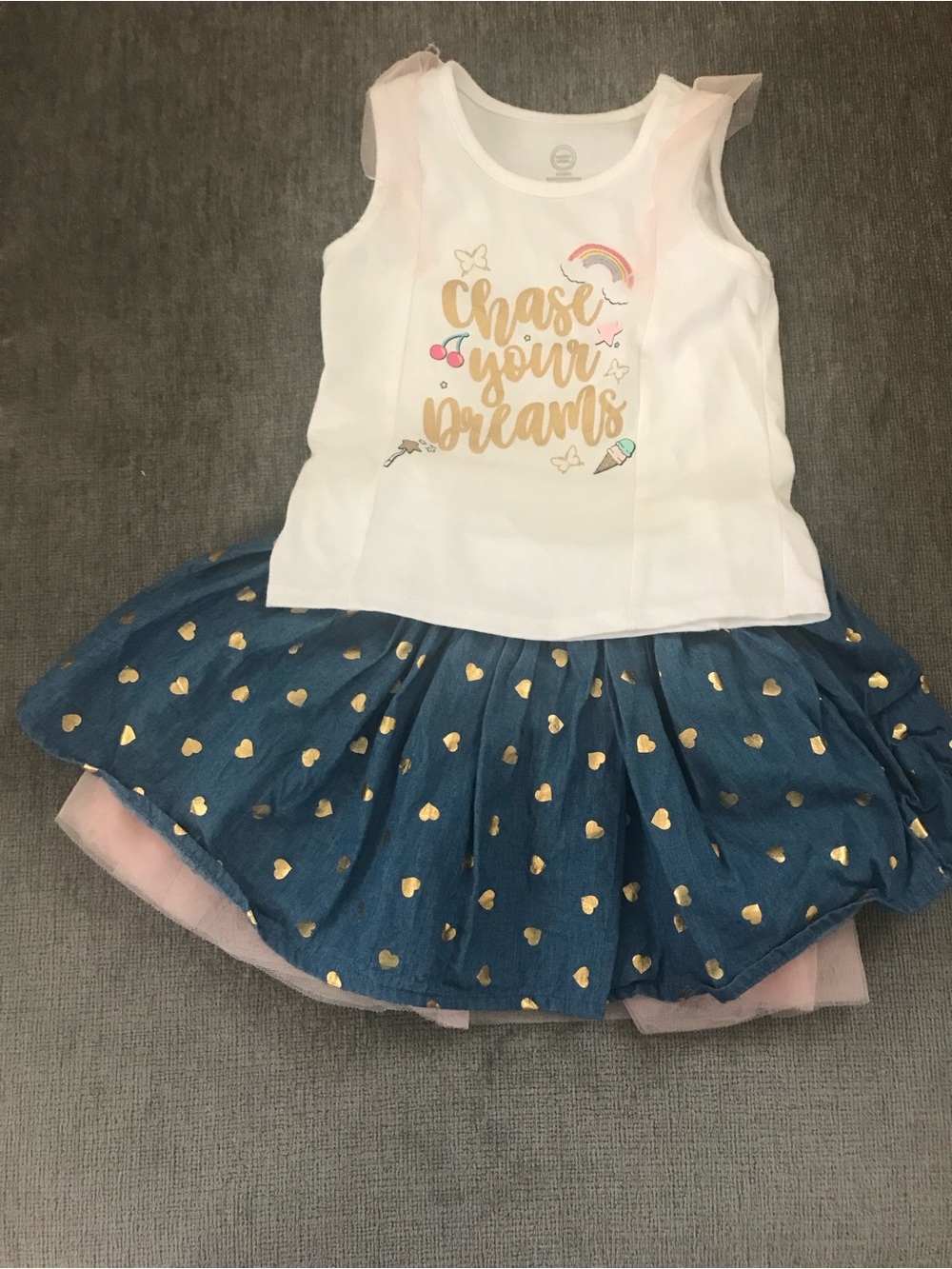 'Chase Your Dreams' White Tank & Blue Gold-Heart Skirt Set
